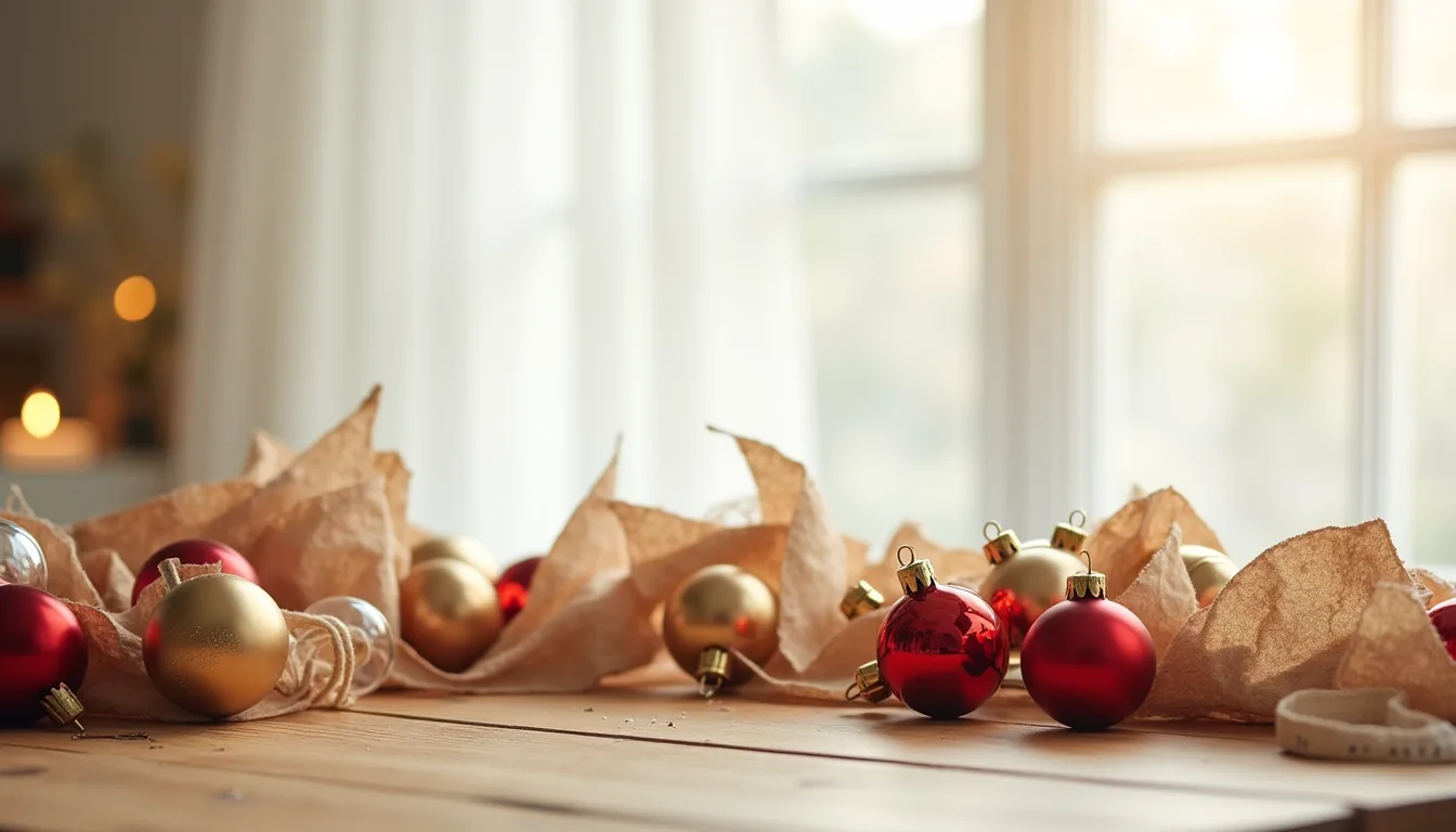 Flat lay of red, gold, and clear glass ornaments with kraft paper garland, twine spool, adhesive dots, and measuring tape on
