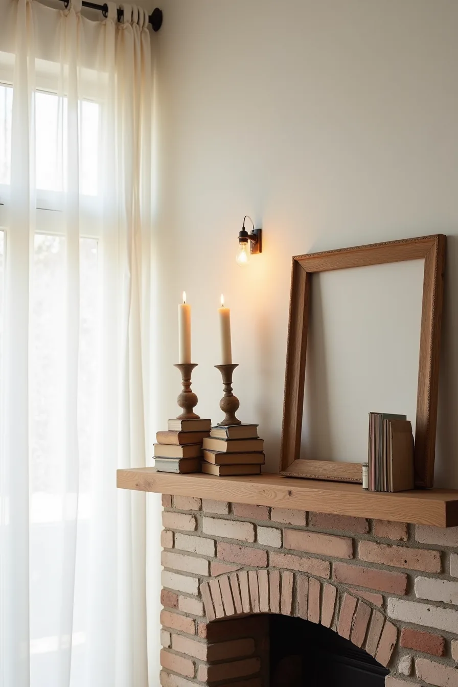Wooden mantel on brick wall decorated with stacked reclaimed wood blocks, vintage candlesticks, and a leaning wooden frame.