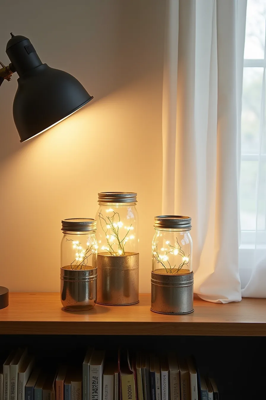 Three upcycled mason jars and tin cans at varying heights on a shelf, each holding glowing string lights.
