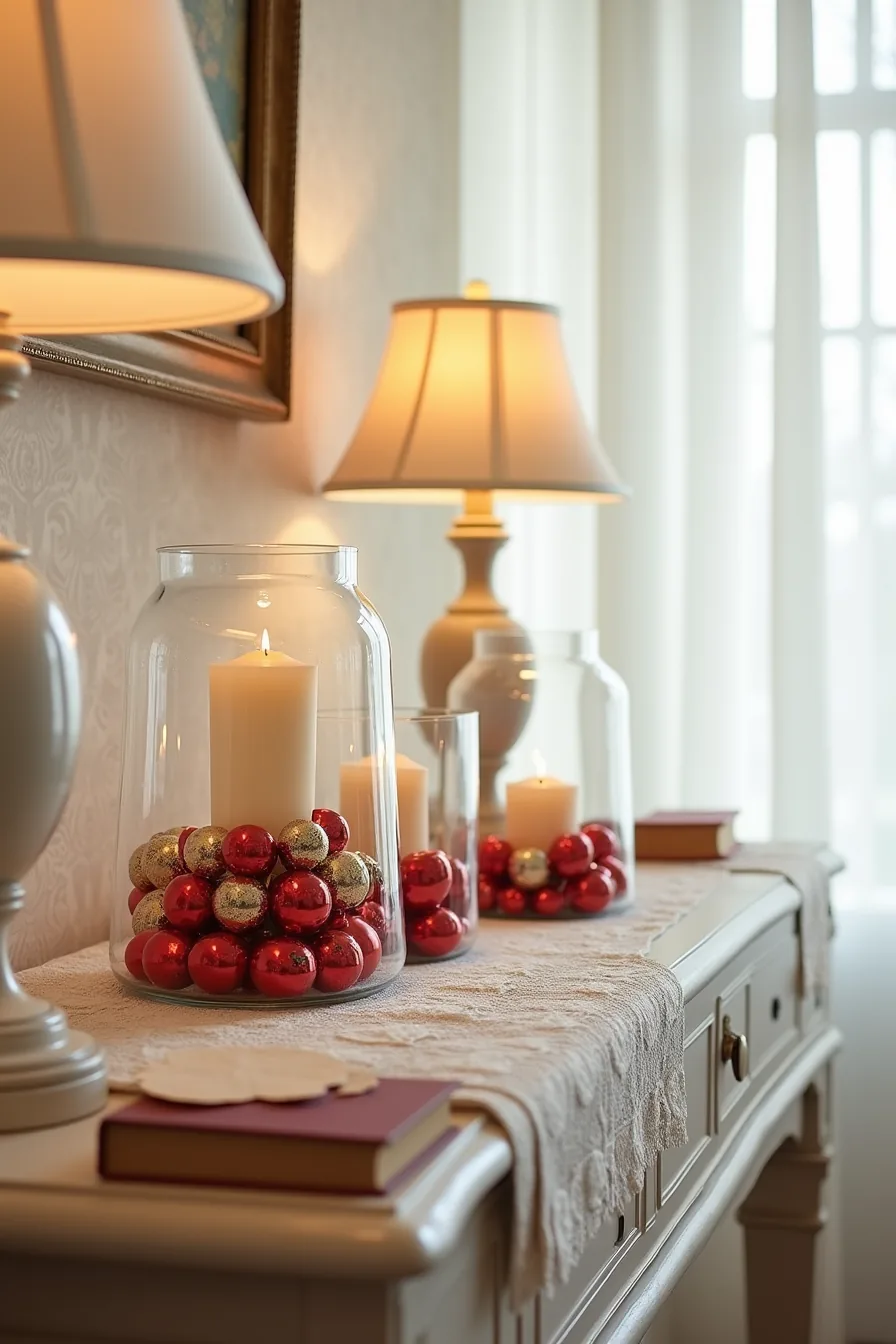 Console table displaying nested glass hurricanes with taper candles, deep red and gold glass ornaments, and lace runner