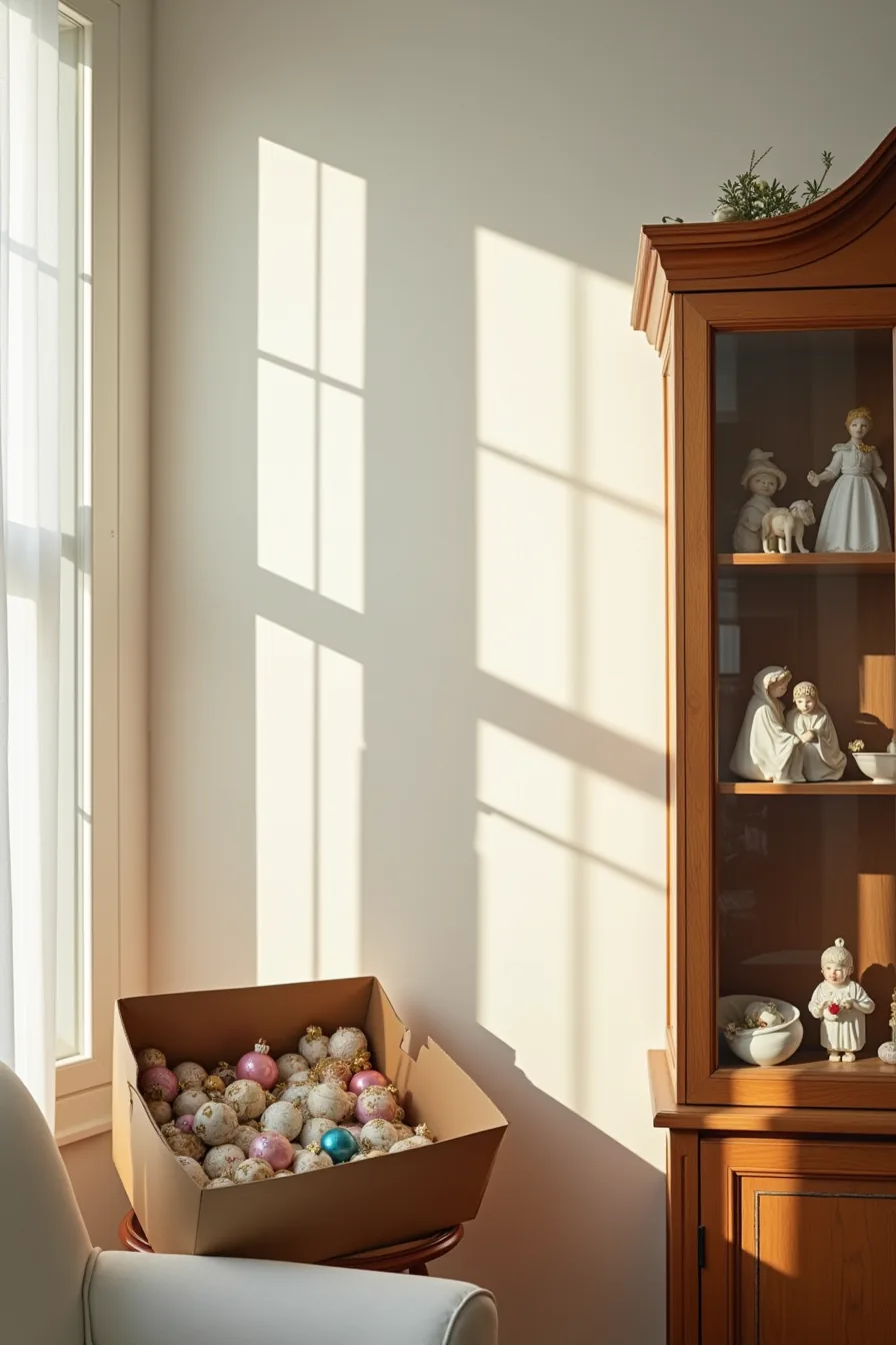 Triptych display showing plastic ornaments in a cardboard box, wooden nativity set, and heirloom porcelain pieces in a