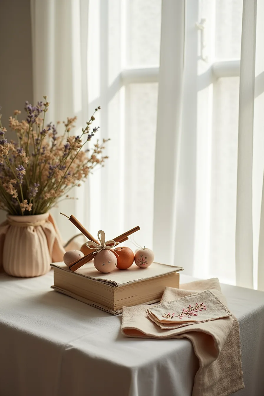 Antique linen cloth draped over table with clay hand-painted ornaments, dried lavender, cinnamon sticks, and embroidered