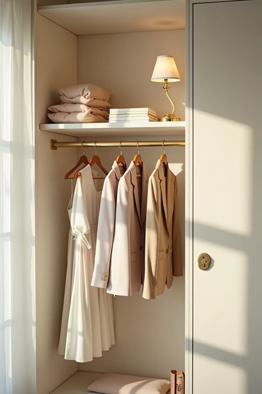 Two stacked horizontal rods in a closet with long dresses on the upper rod and blazers and shorter items on the lower rod.
