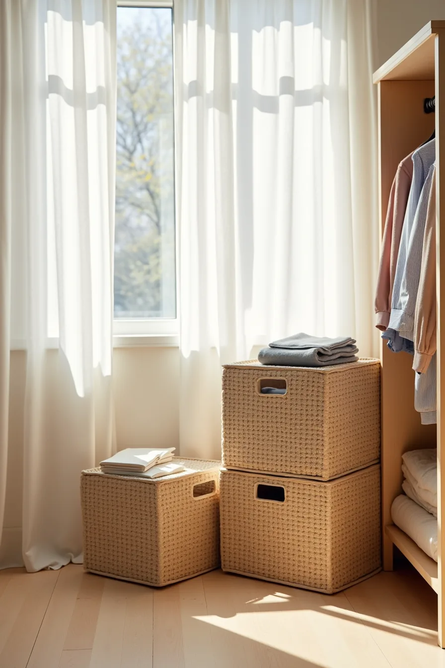 Three stacked woven crates and cardboard boxes of different heights on a closet floor containing folded clothing.