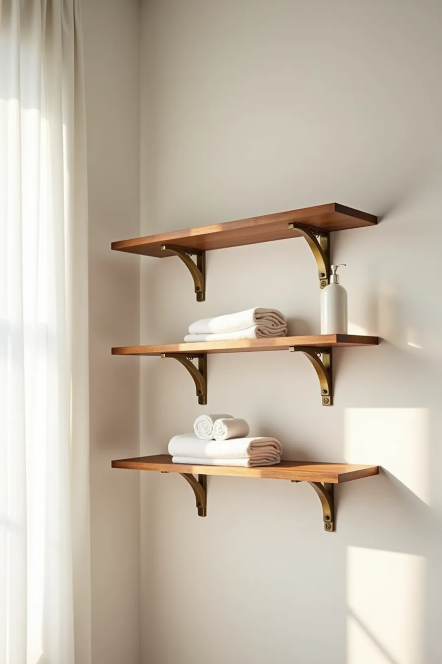 Three wooden shelves supported by decorative metal L-brackets, holding neatly folded linens and rolled towels.