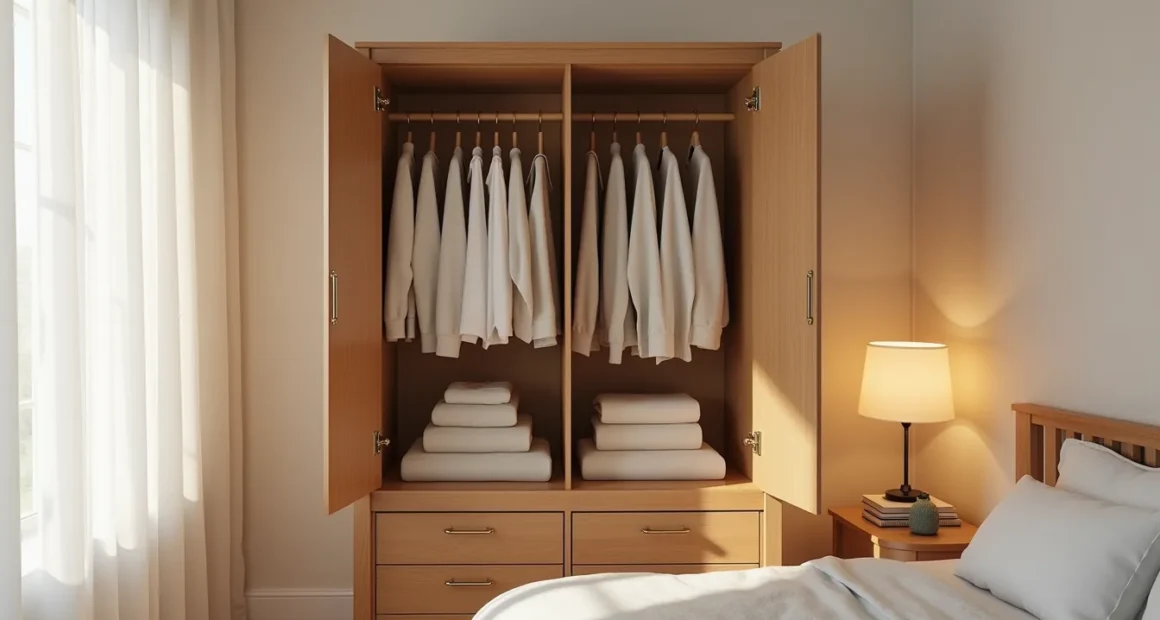 Open wooden armoire displaying folded sweaters, hanging clothes, and brass handles against a plain wall.