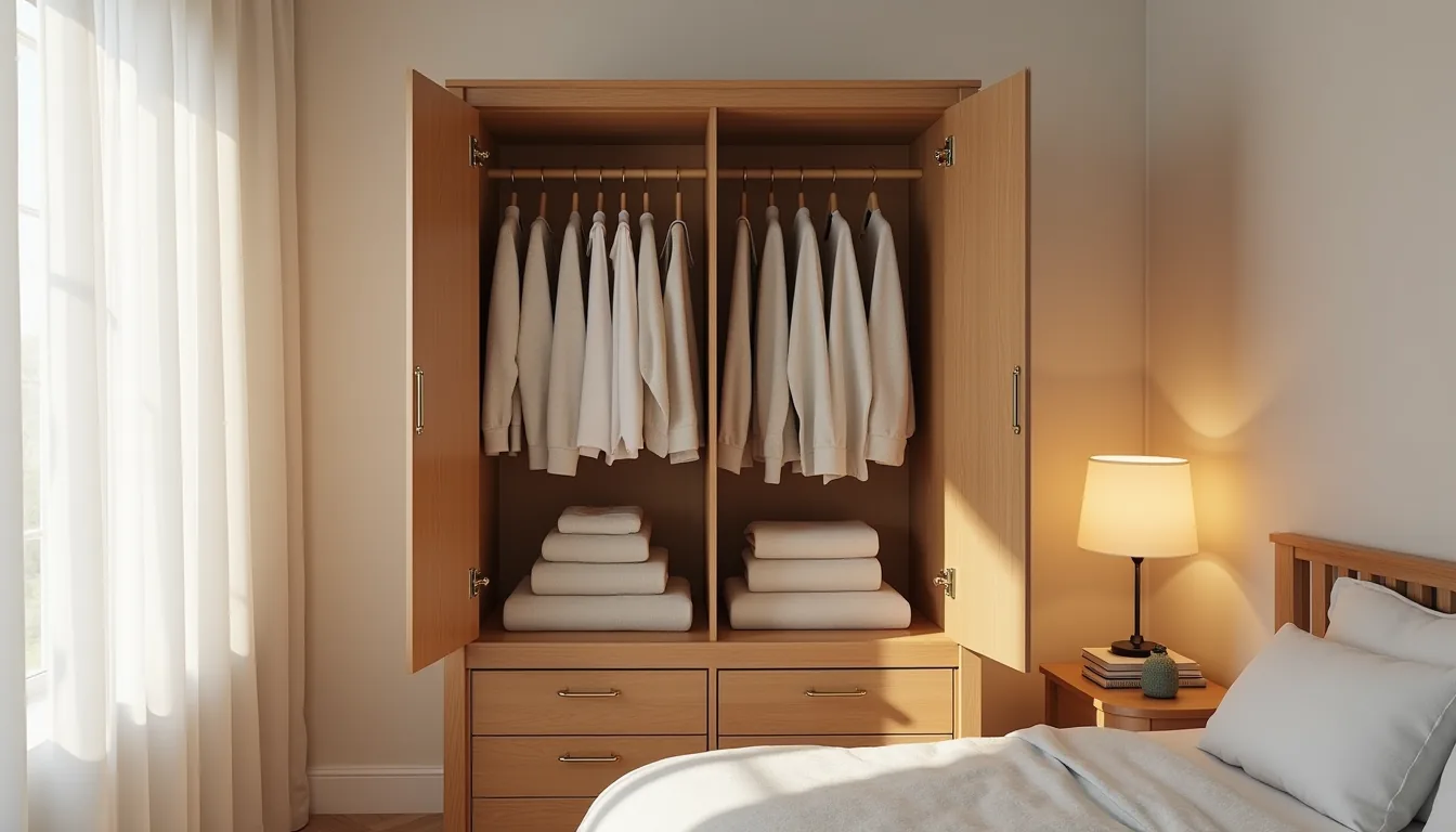 Open wooden armoire displaying folded sweaters, hanging clothes, and brass handles against a plain wall.