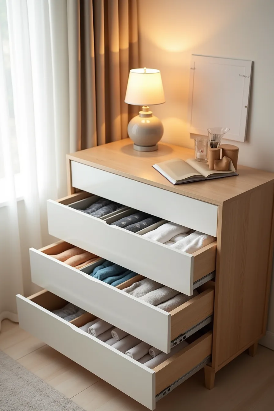 Low dresser with four drawers featuring clear dividers, organized socks, undergarments, and storage bins.