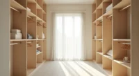 Empty walk-in closet with bare rods, empty shelves, and natural light from the doorway.