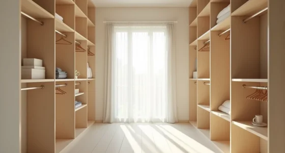 Empty walk-in closet with bare rods, empty shelves, and natural light from the doorway.