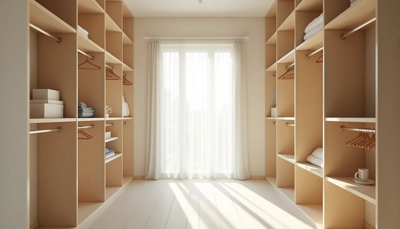 Empty walk-in closet with bare rods, empty shelves, and natural light from the doorway.