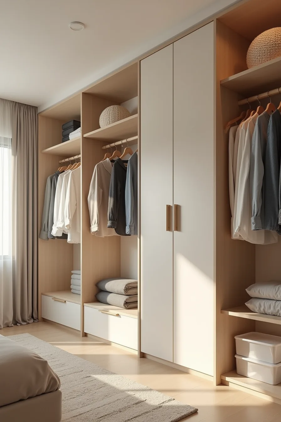 Walk-in closet organized into four zones with work clothes, casual wear, accessories, and seasonal bins.