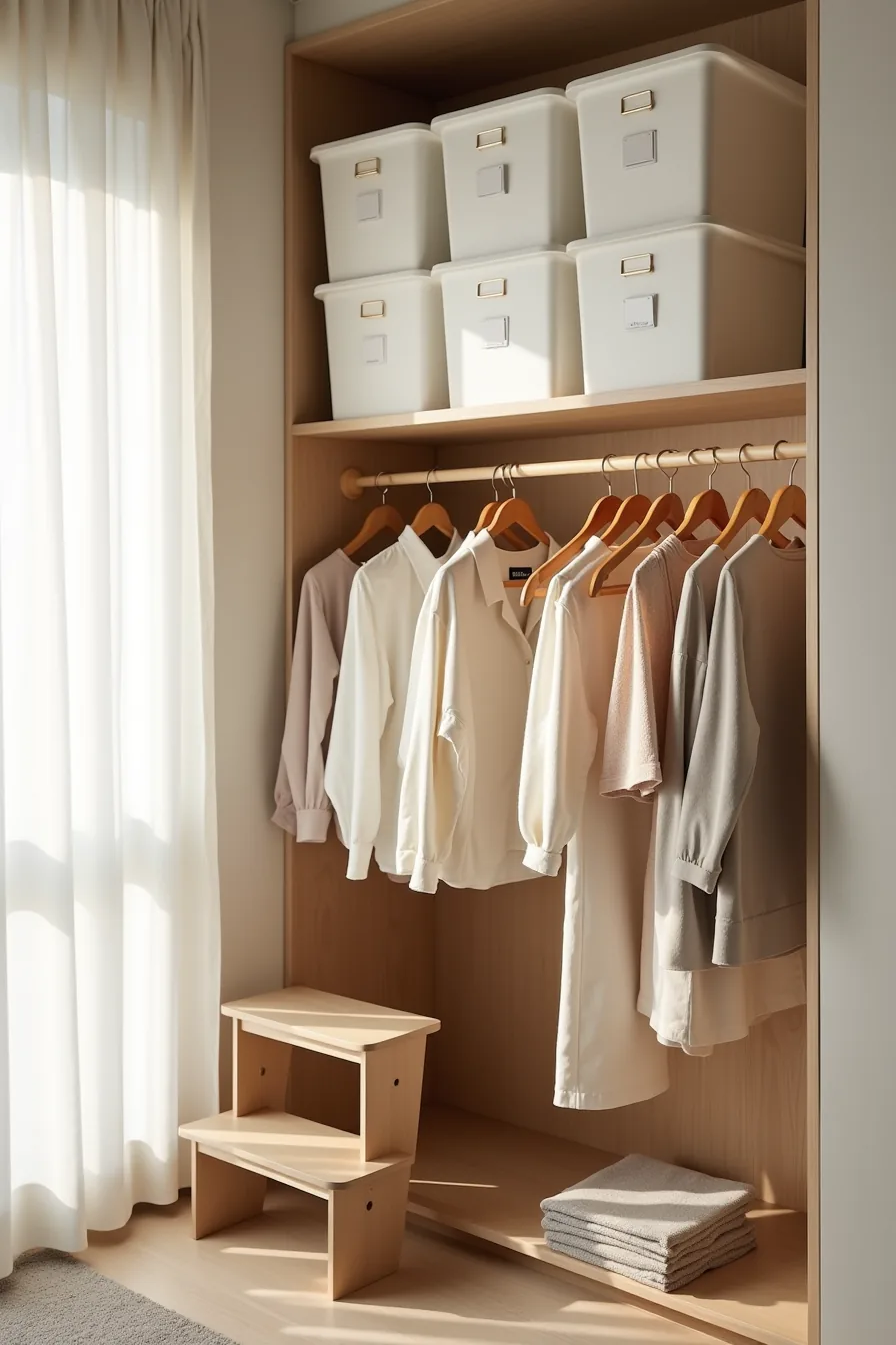 Labeled storage boxes stacked on high shelf above hanging rods, with step stool nearby for access.