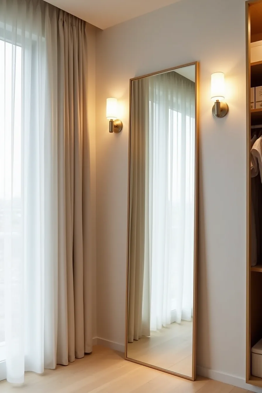 Full-length mirror with recessed ceiling lights and adjustable wall-mounted task light reflecting organized closet contents.