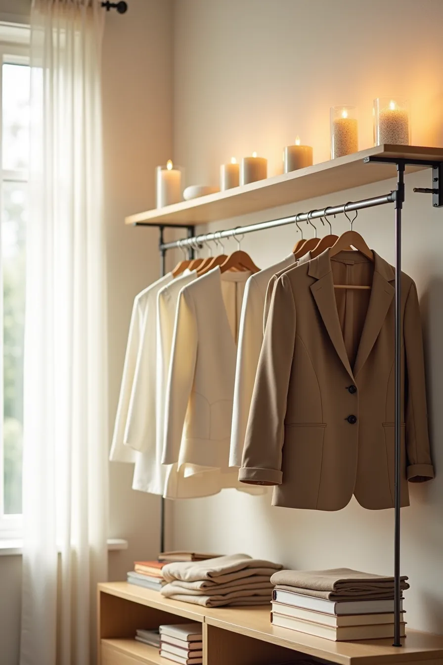 Three staggered hanging rods with long dresses, shirts, and folded blazers at different heights.