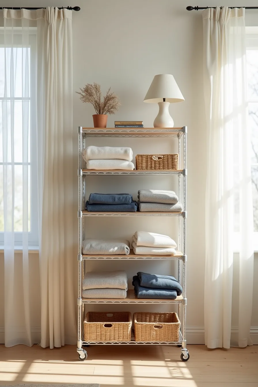 Wire shelving unit with five adjustable shelves holding folded sweaters, stacked pants, and woven baskets.