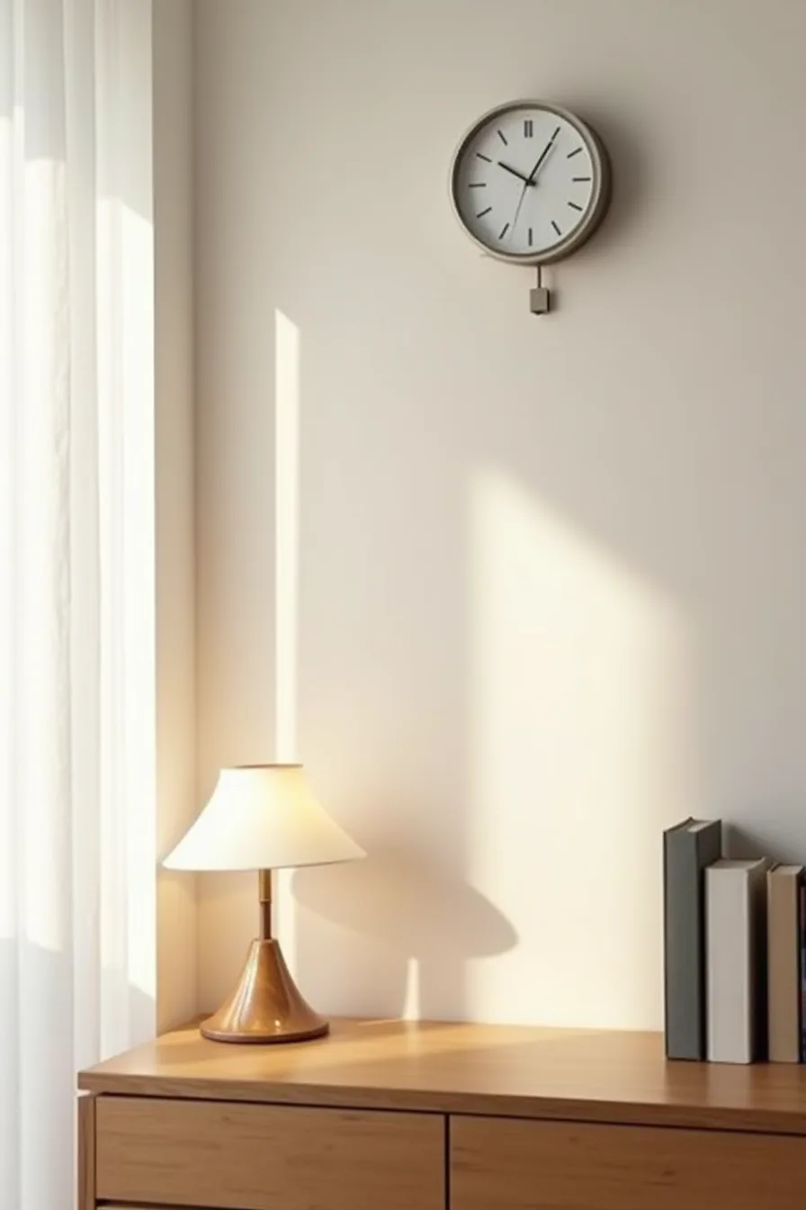 Battery-operated wall clock installed with a removable adhesive command strip on a rental apartment wall.
