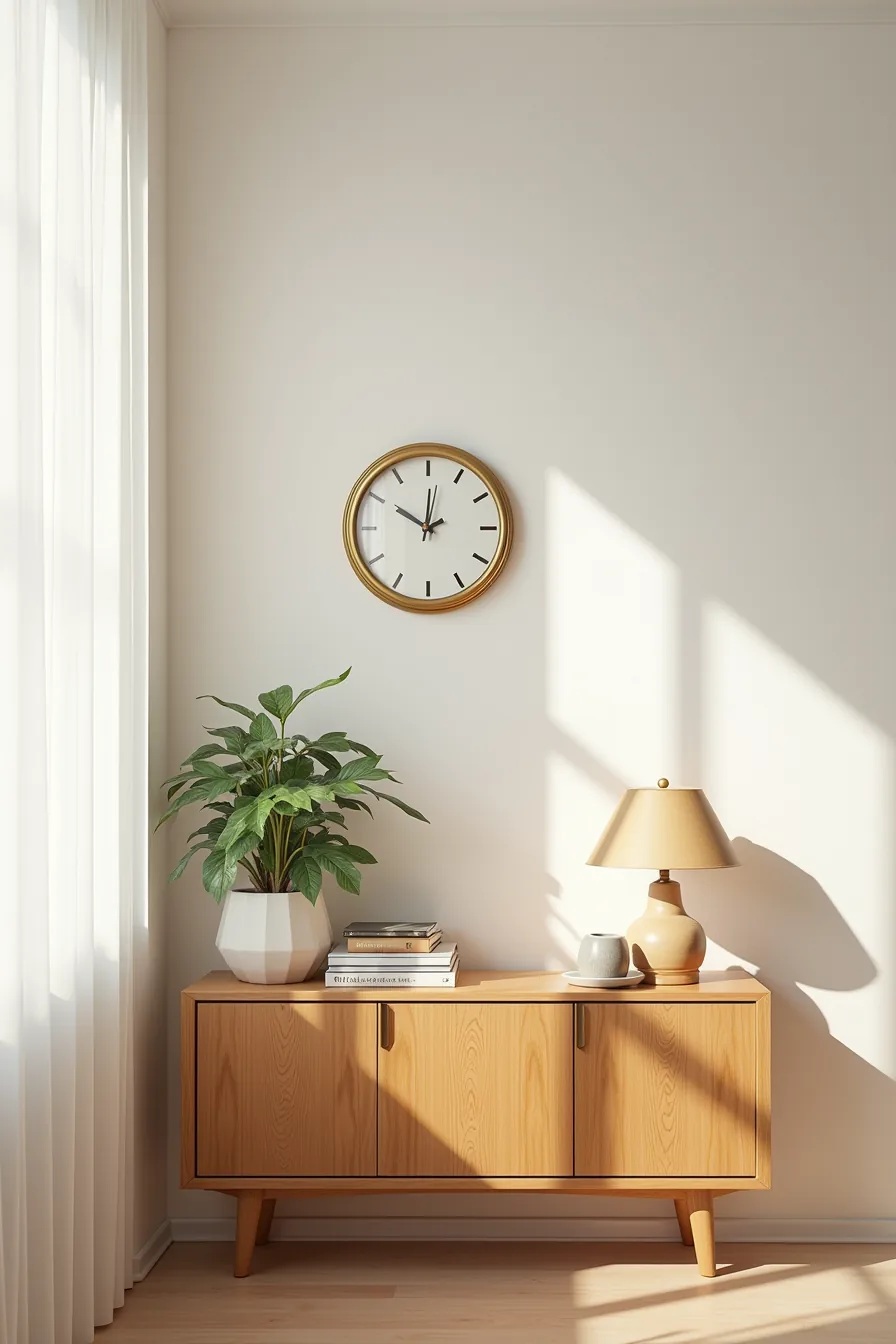 Brass-finish round clock displayed above a wooden credenza decorated with a potted plant and ceramic vessel.