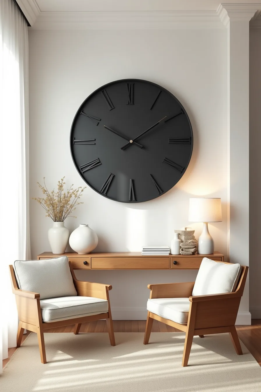 Large matte black geometric clock on a feature wall above a console table with accent chairs positioned nearby.