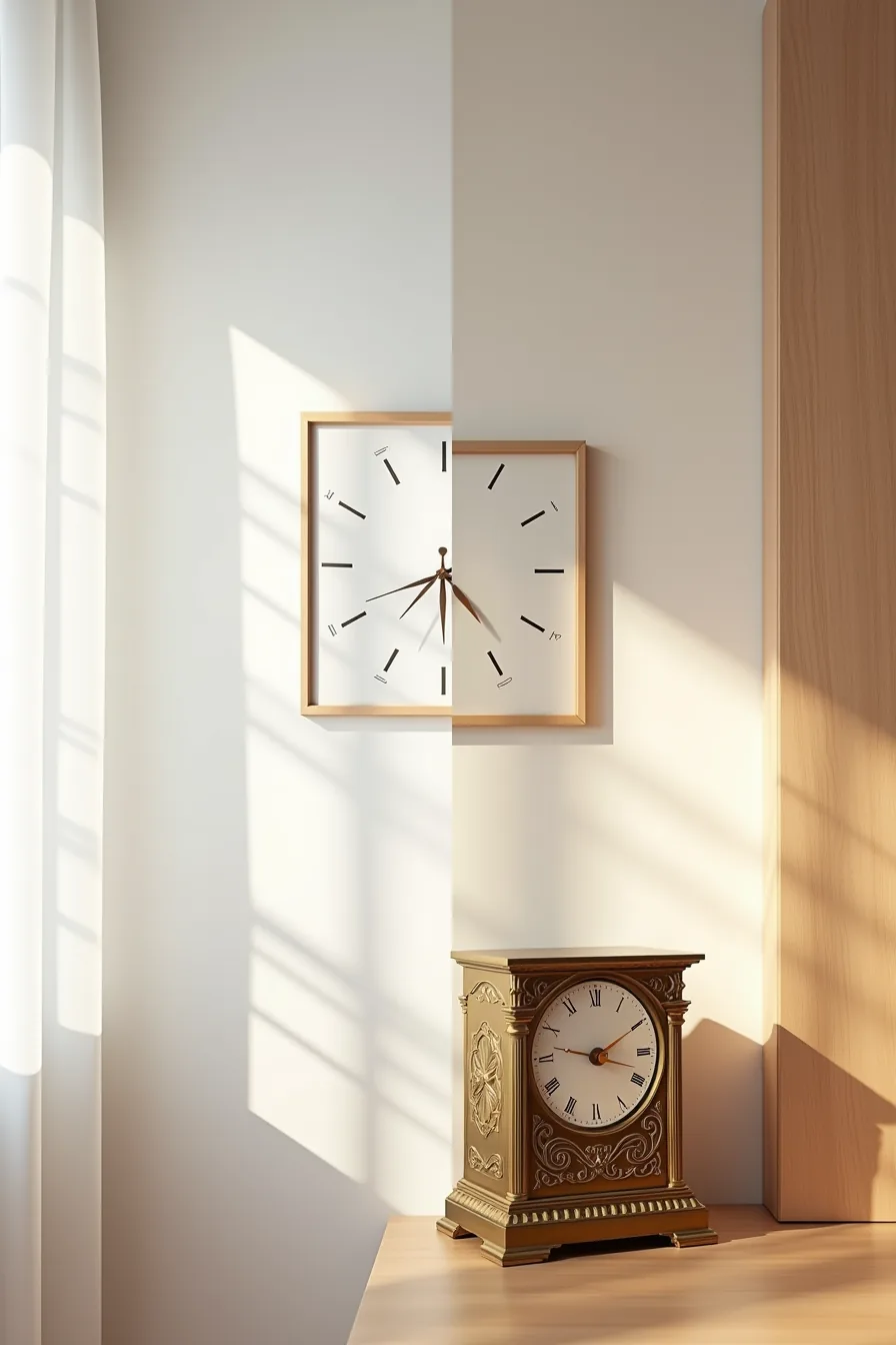 Minimalist square clock on white wall beside an ornate vintage brass clock on textured wall in side-by-side comparison.