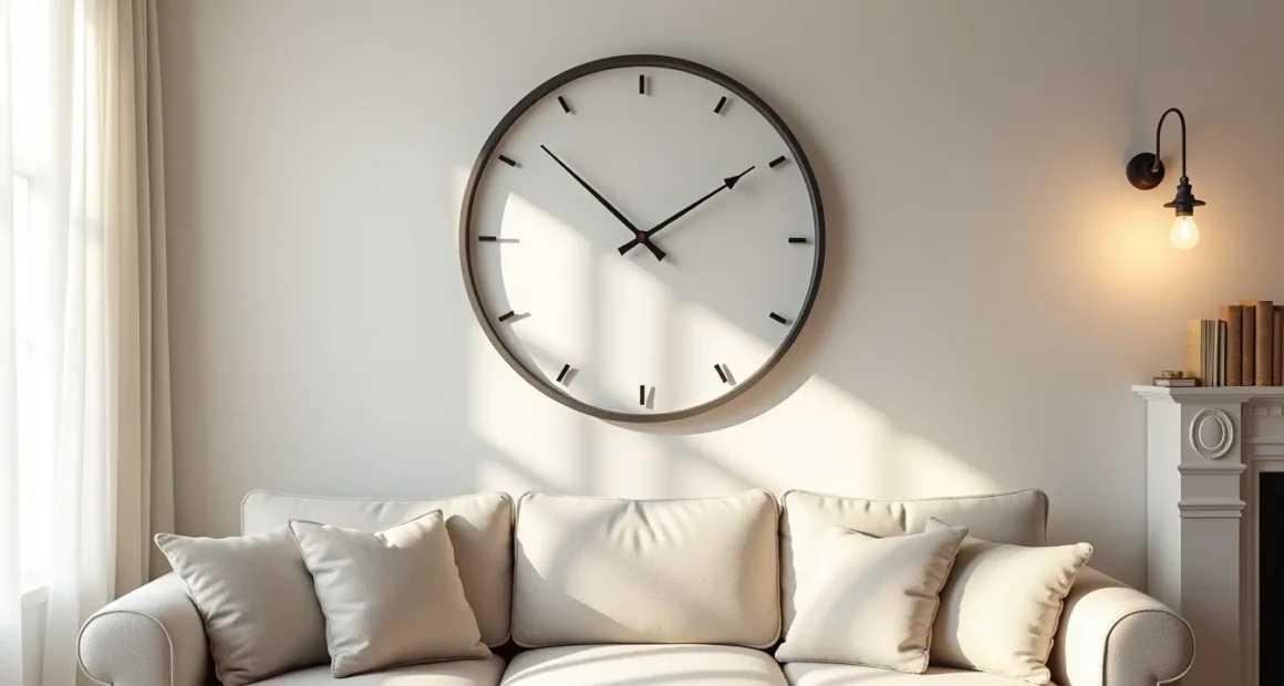 Round metal-frame wall clock centered above a sofa with a fireplace mantel visible to one side.
