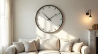 Round metal-frame wall clock centered above a sofa with a fireplace mantel visible to one side.