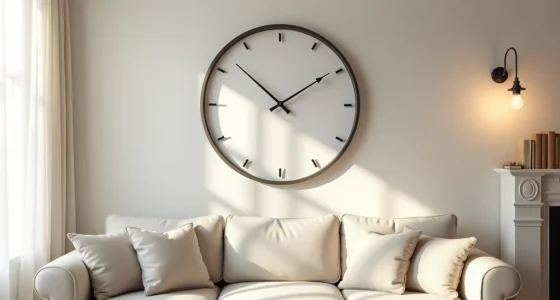Round metal-frame wall clock centered above a sofa with a fireplace mantel visible to one side.