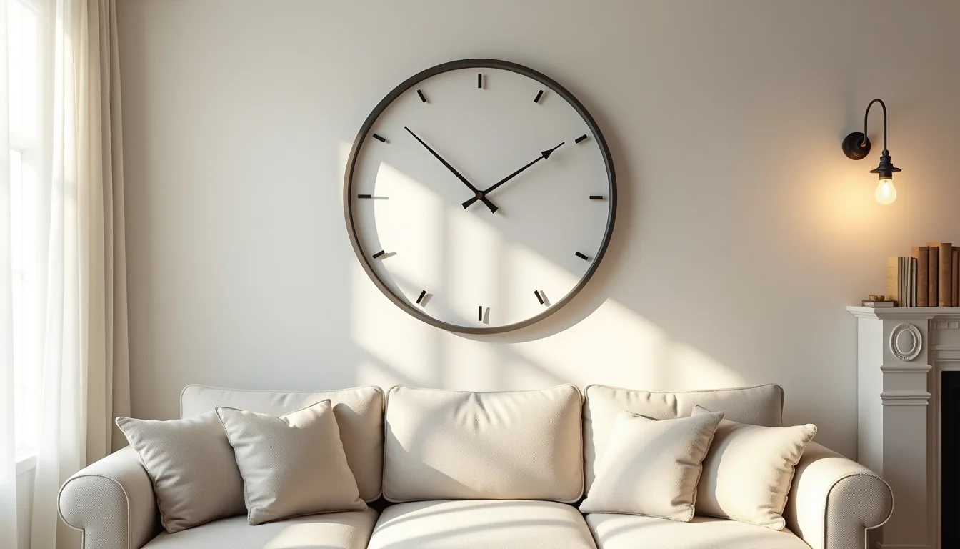 Round metal-frame wall clock centered above a sofa with a fireplace mantel visible to one side.