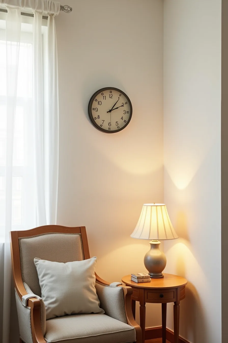 Small wall clock hung above an armchair with a side table and lamp in a compact corner arrangement.