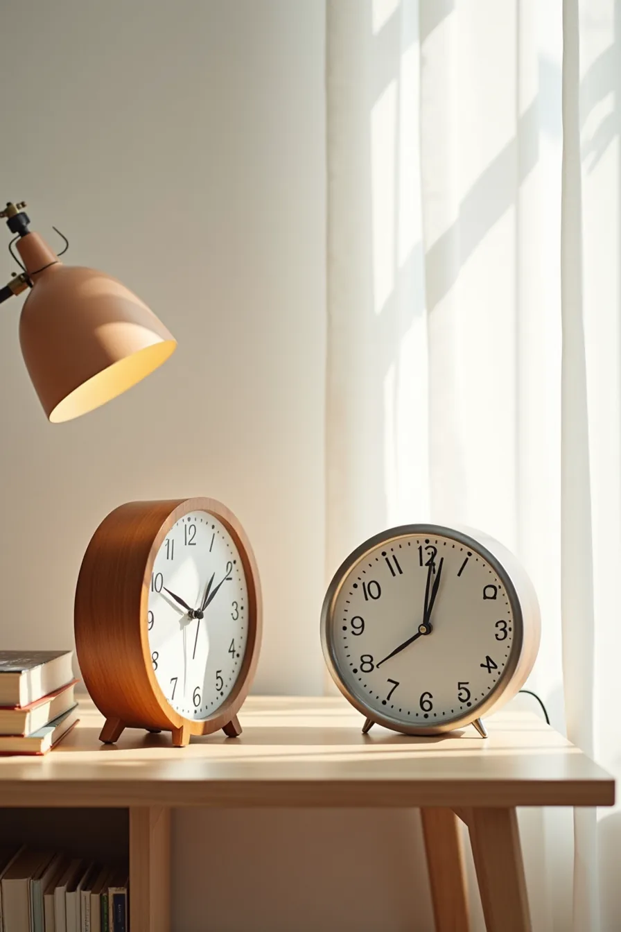 Three clocks in different materials—wood frame, brushed steel, and resin—arranged together on a shelf.