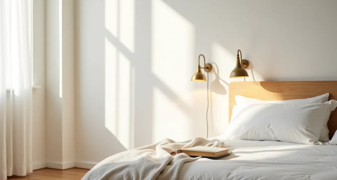 Two brass sconces flank a bed with a paperback book and throw blanket visible.