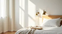 Two brass sconces flank a bed with a paperback book and throw blanket visible.