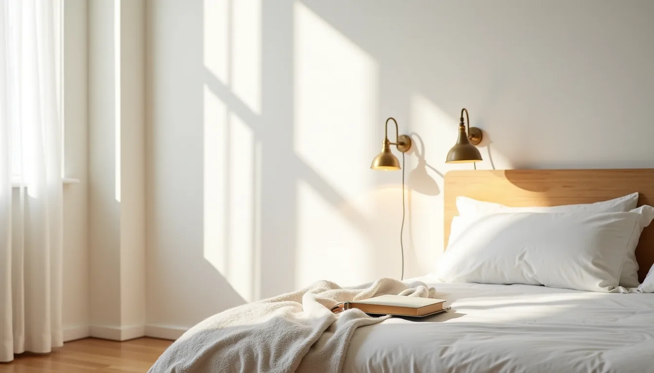 Two brass sconces flank a bed with a paperback book and throw blanket visible.