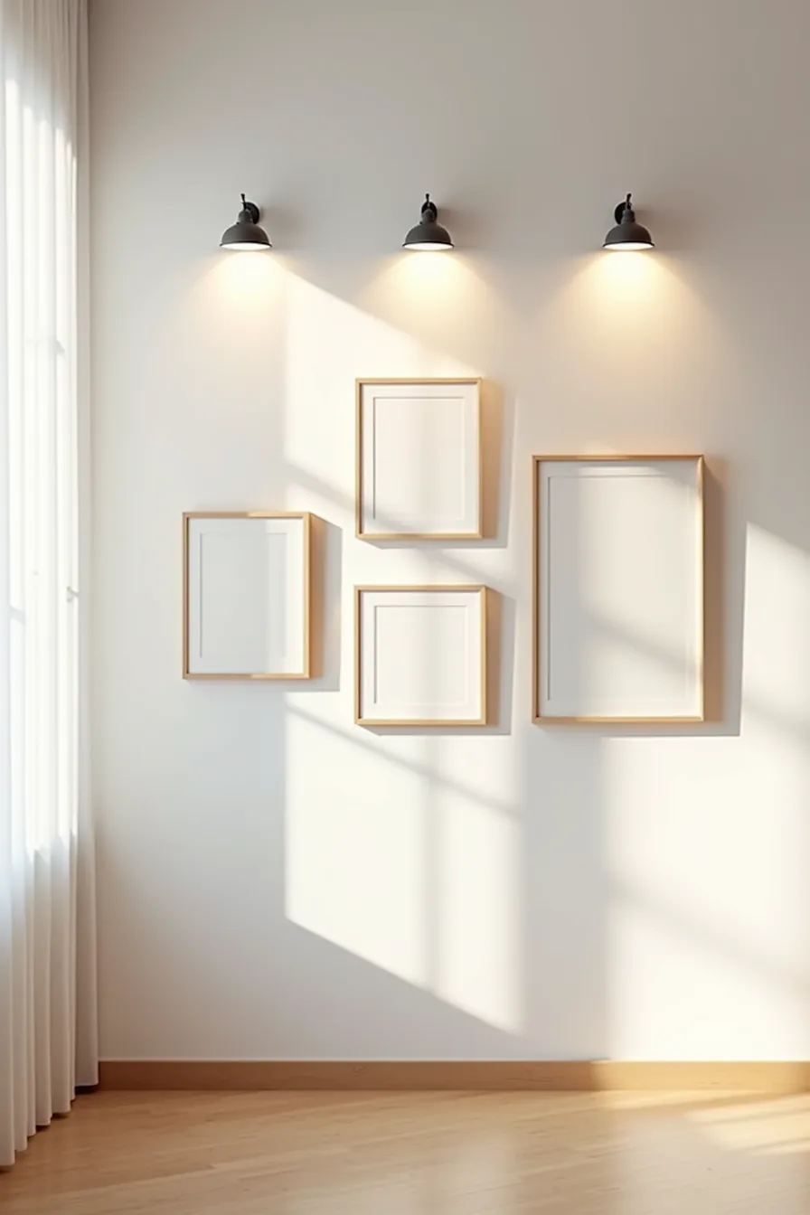 Five framed artworks with picture lights create downward beams and shadows on a white wall.