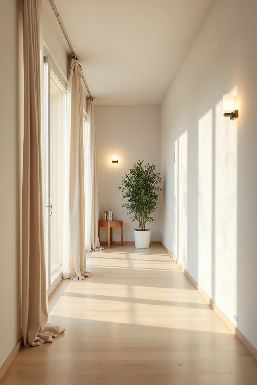 Recessed fixtures line a hallway with a console table and potted plant along the walls.