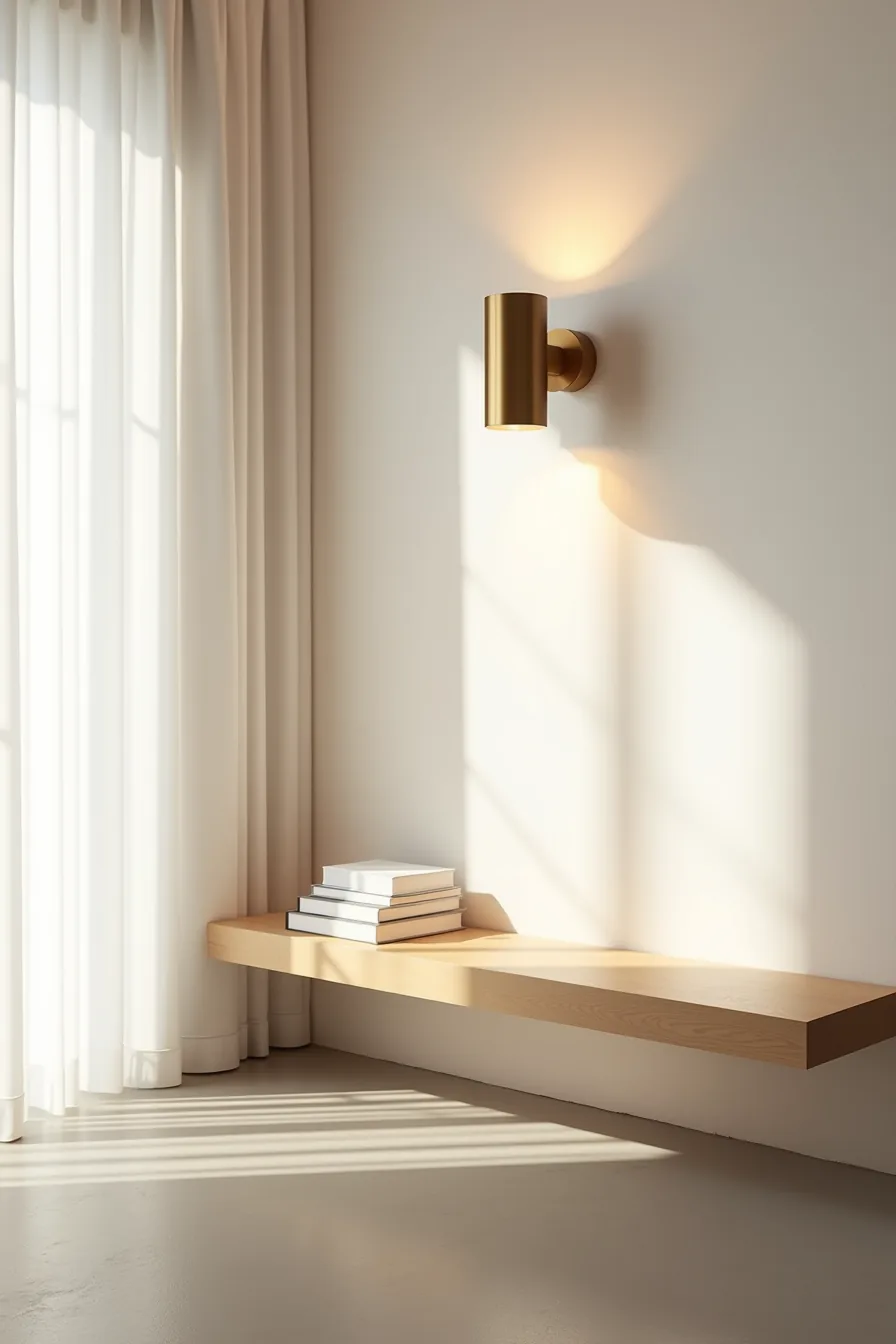A sculptural brass fixture casts geometric shadows above a bench on a concrete floor.