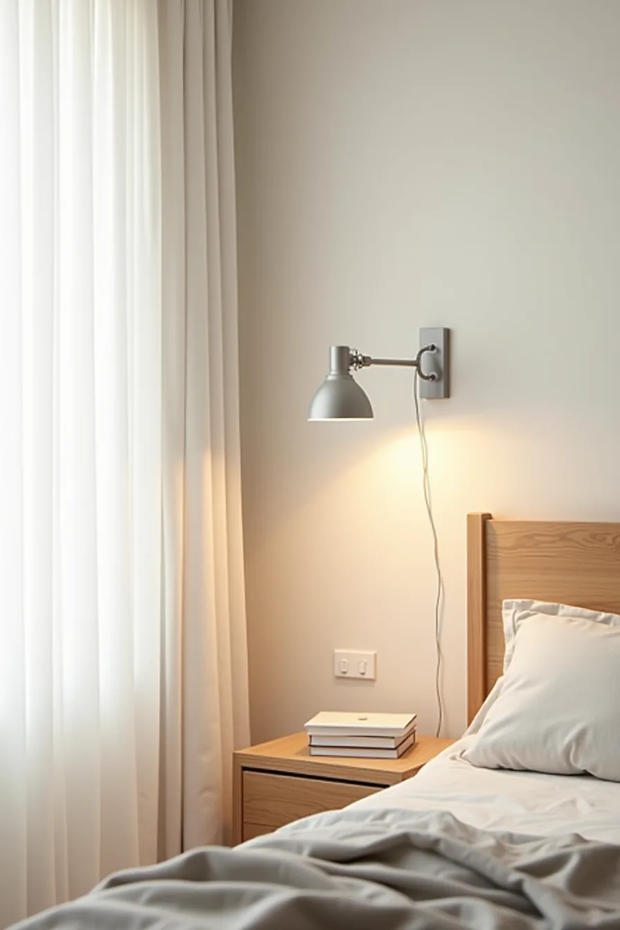 A swing-arm sconce with dimmer switch hangs above a bed with soft bedding.