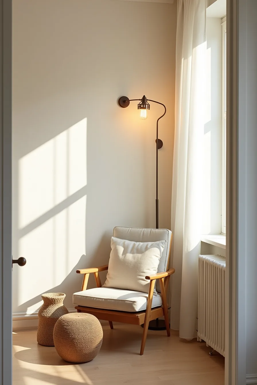 An uplight and task sconce illuminate a reading corner with a chair and woven ottoman.