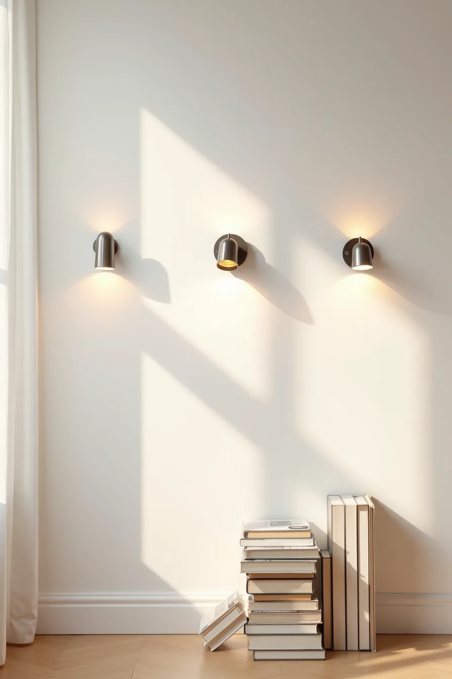 Three different wall fixtures—clip light, hardwired sconce, and designer fixture—mounted in a row.