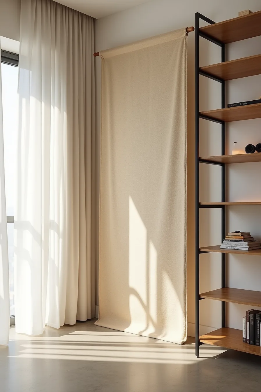 Woven textile pinned in corner above metal shelving with acoustic foam backing and installation hardware visible from above.