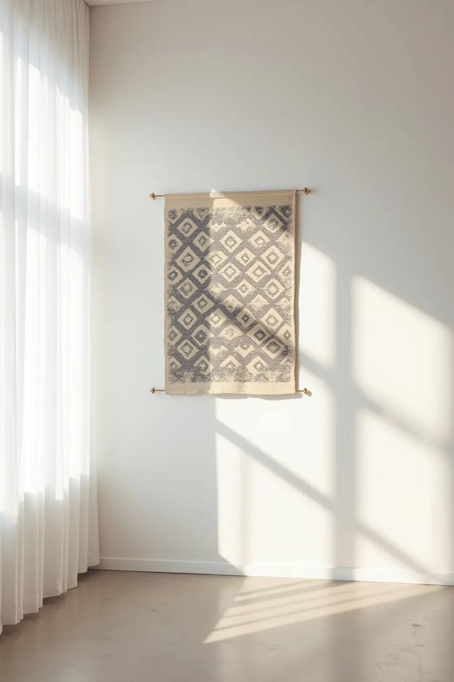 Geometric charcoal and cream wall rug centered on white gallery wall with chrome bracket and polished concrete floor below.