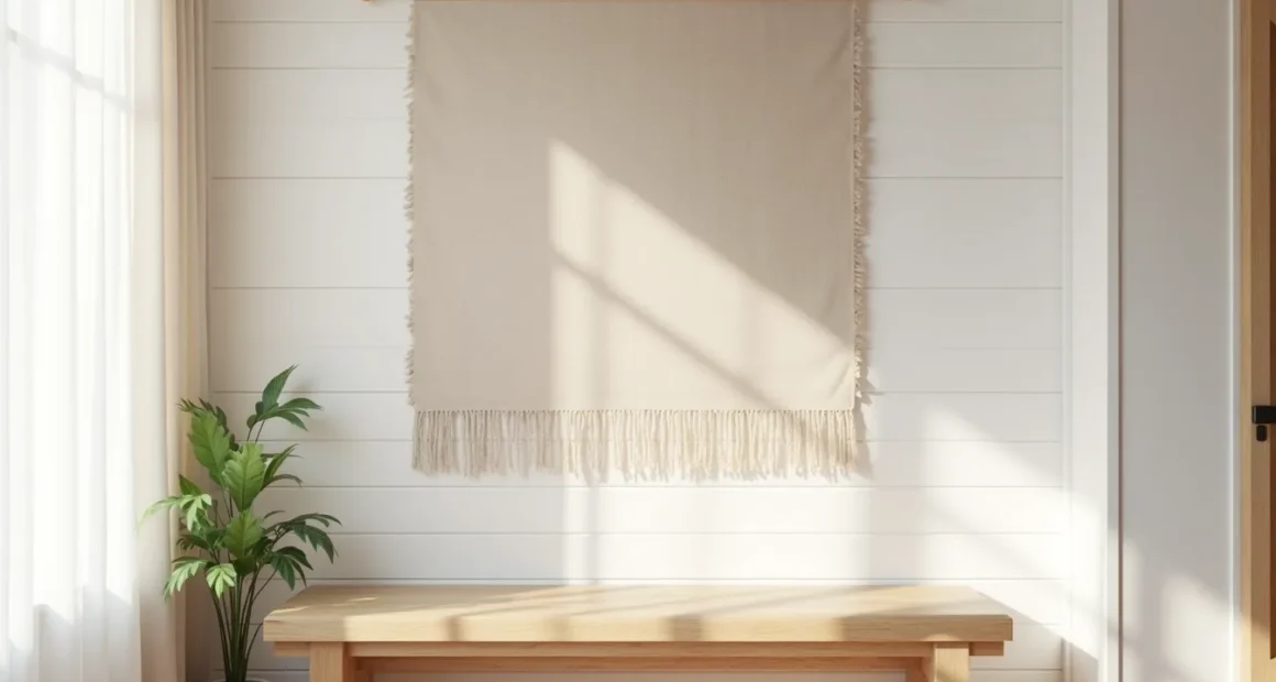 Neutral linen wall rug hanging on white shiplap above a wooden bench with afternoon light creating shadow patterns on the