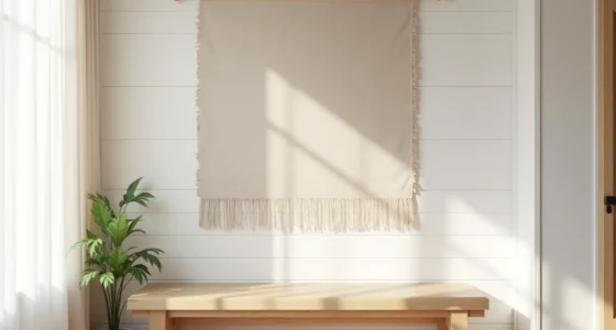 Neutral linen wall rug hanging on white shiplap above a wooden bench with afternoon light creating shadow patterns on the