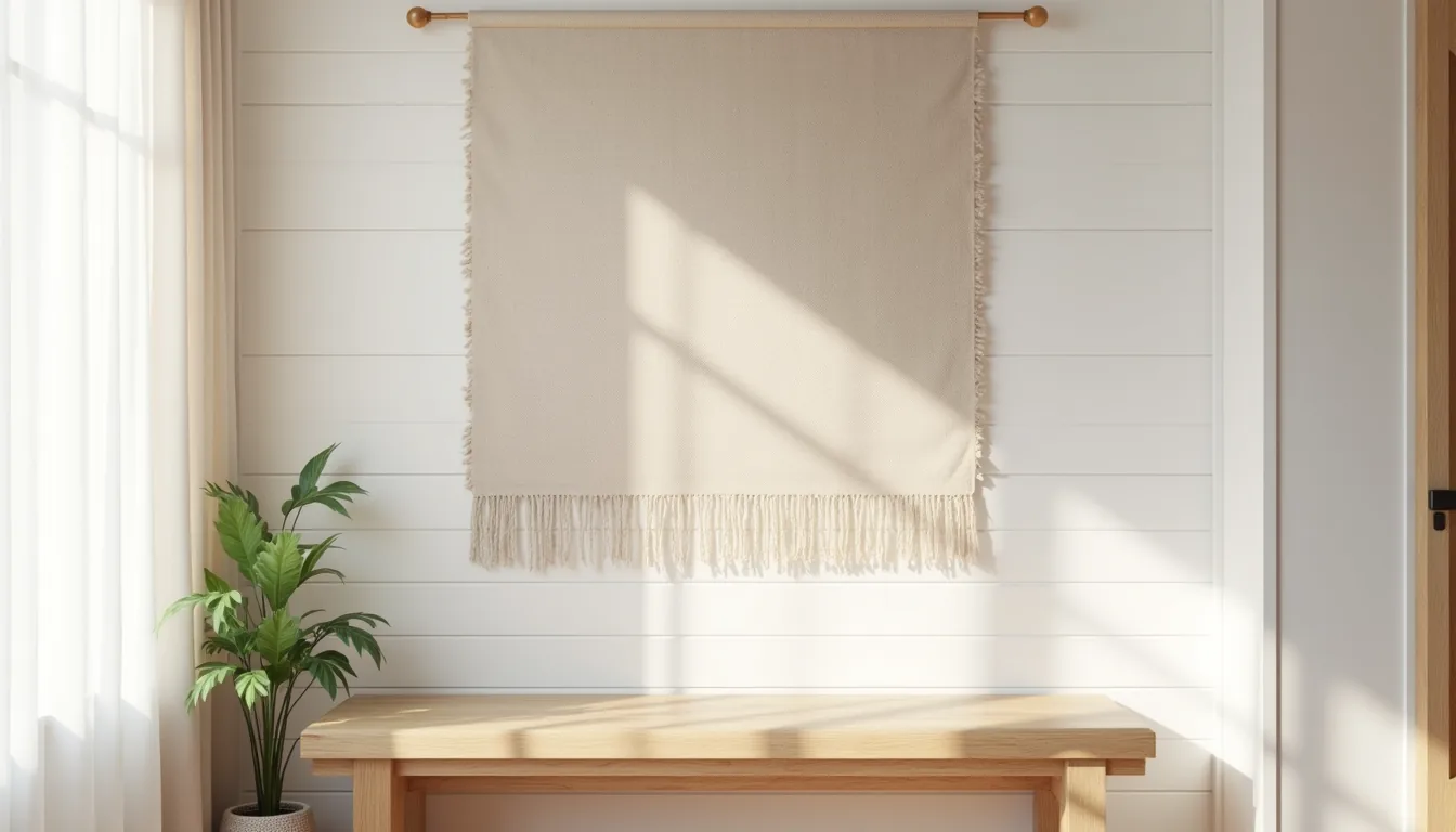Neutral linen wall rug hanging on white shiplap above a wooden bench with afternoon light creating shadow patterns on the