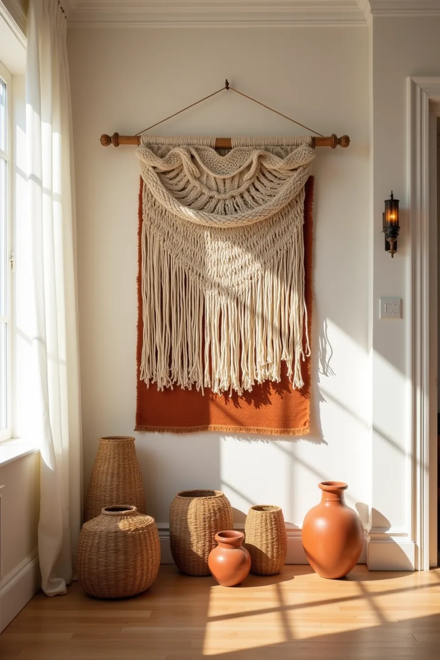 Macramé wall hanging layered over rust kilim rug with terracotta pottery and woven baskets on wooden floor below, lit by