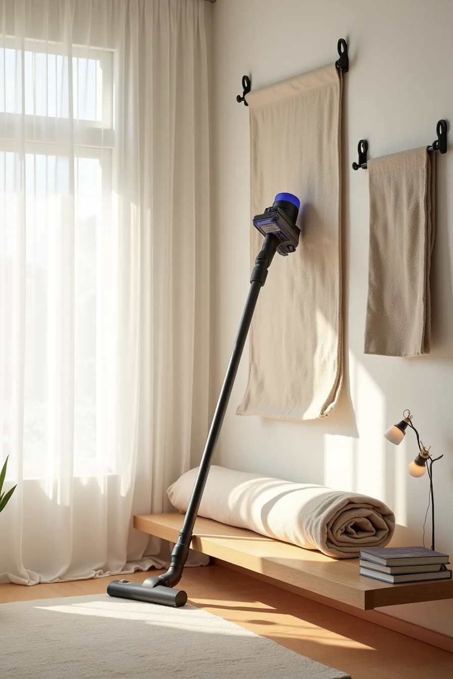 Wall rug removal in progress showing mounting brackets, vacuum brush, rolled rug in cotton storage bag on shelf, and