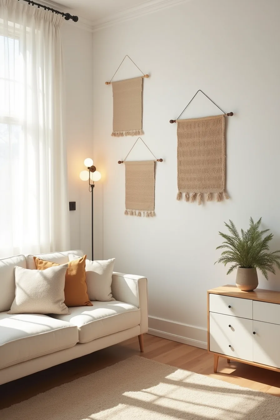Three wall rugs hung at different heights above desk, sofa, and opposite wall, displaying varied sizing and placement