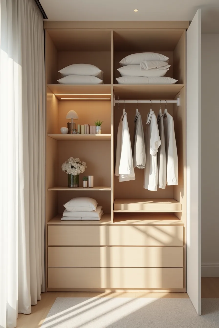Open wardrobe door showing adjustable shelves, hanging rail with garments, pull-out drawers, and corner angled shelving.