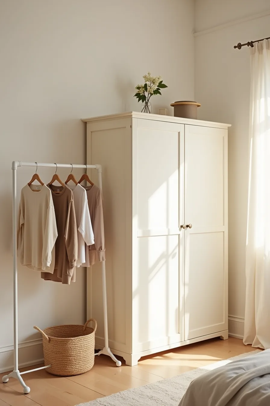 Cream armoire against a wall with a woven basket beside it and a portable rack holding three hanging garments nearby.