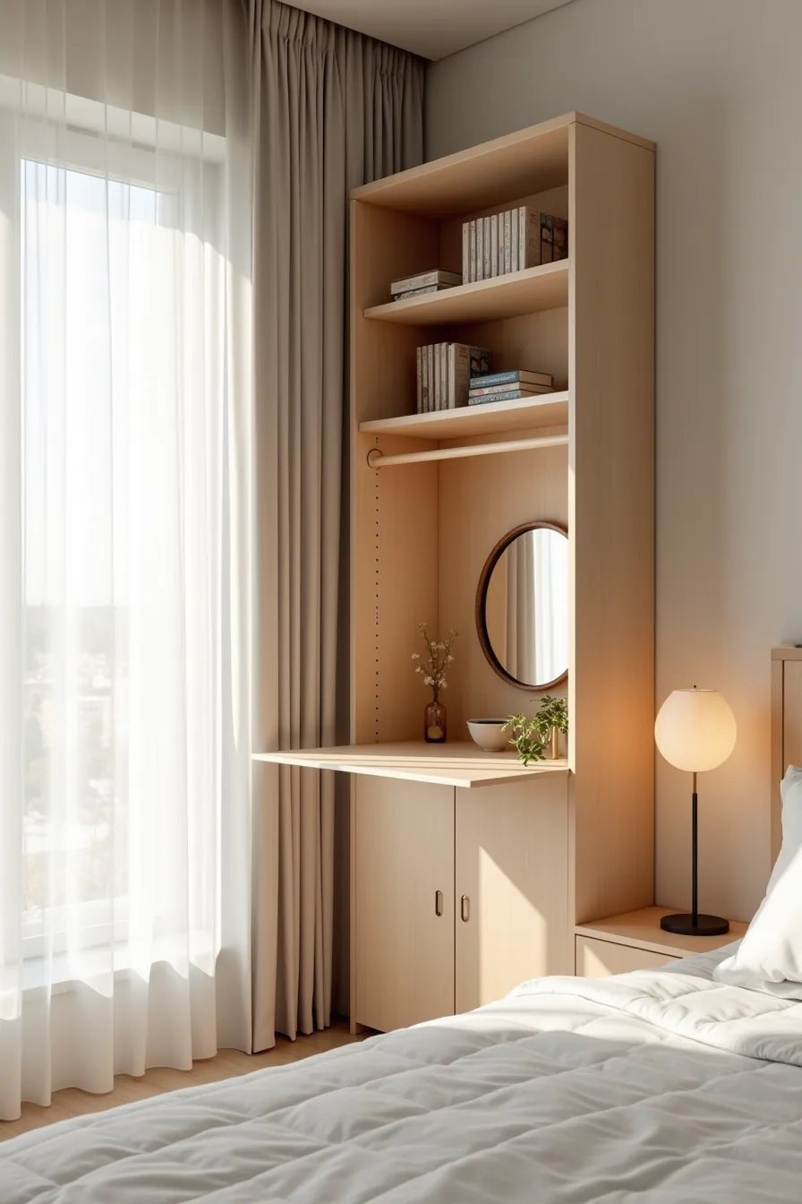 Narrow wardrobe unit with open shelving, a fold-down desk surface in the middle, closed storage below, and a side-mounted